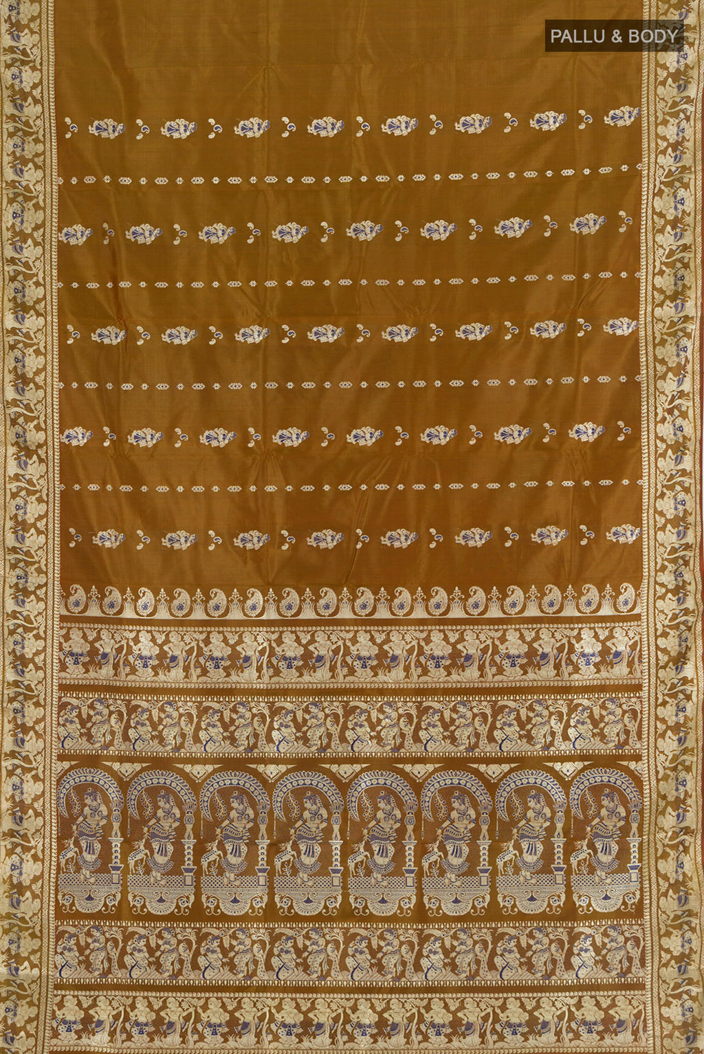 Flat view of Mehandi Green Baluchari Silk Saree with Thread Butta on the body and Silk Border. 