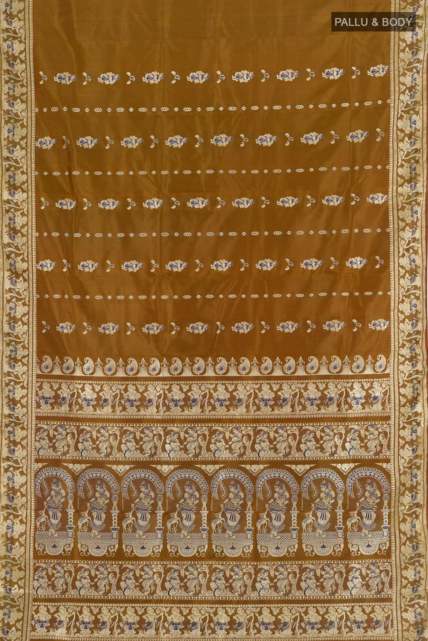 Flat view of Mehandi Green Baluchari Silk Saree with Thread Butta on the body and Silk Border. 