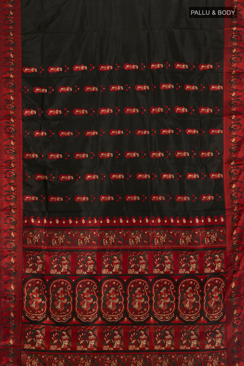 Flat view of Black Baluchari Silk Saree with Thread Butta on the body and Thread Border. 