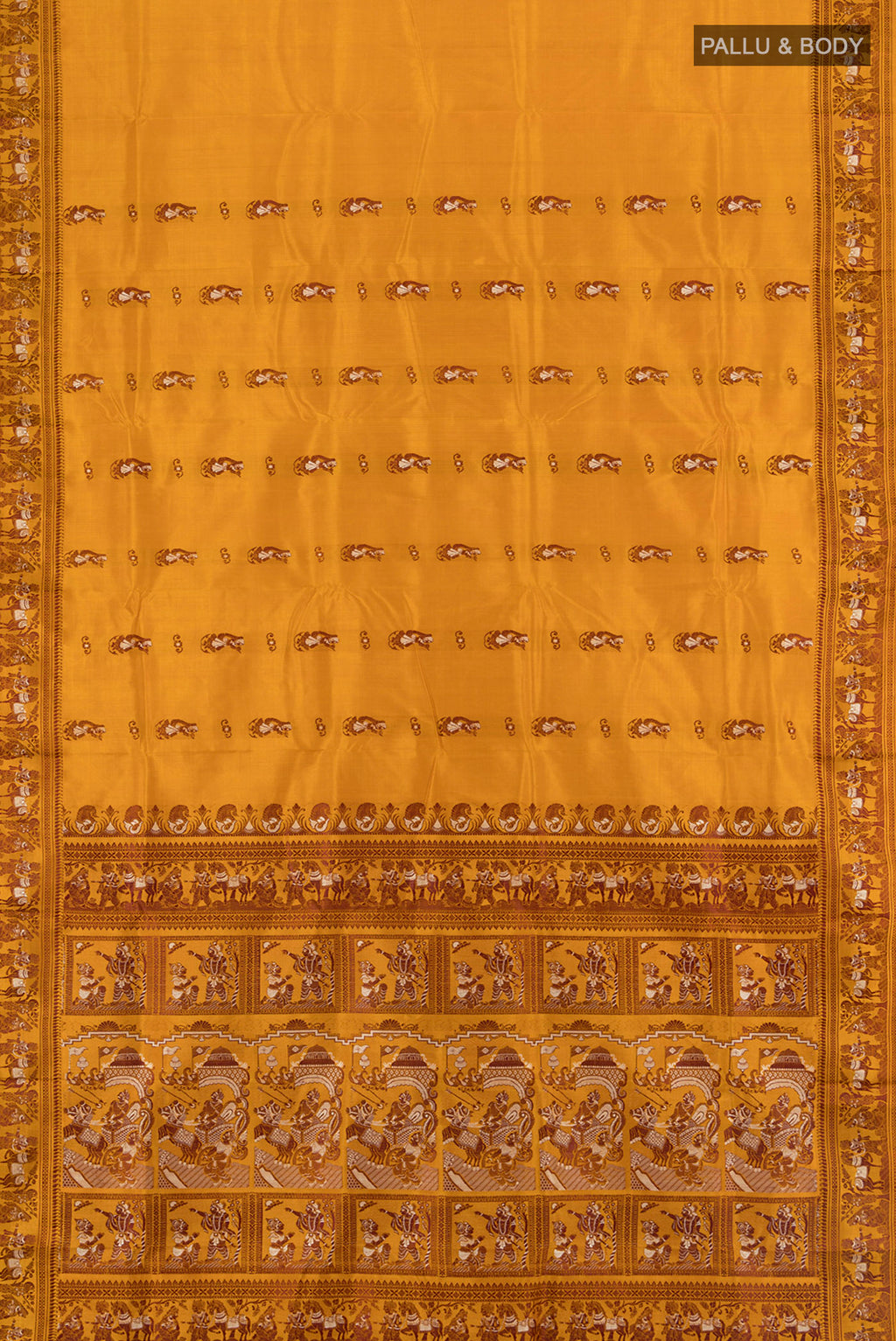 Flat view of Mustard Baluchari Silk Saree with Thread Butta on the body and Thread Border. 