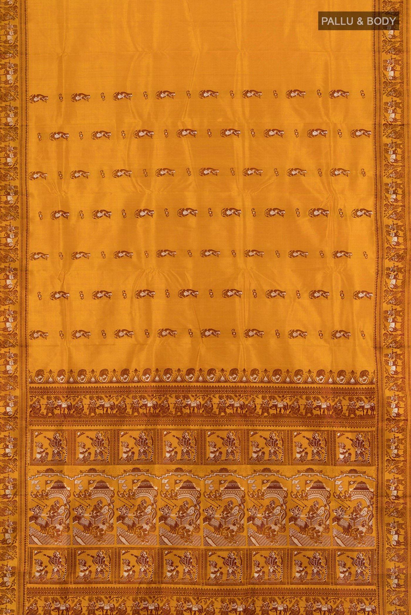 Flat view of Mustard Baluchari Silk Saree with Thread Butta on the body and Thread Border. 