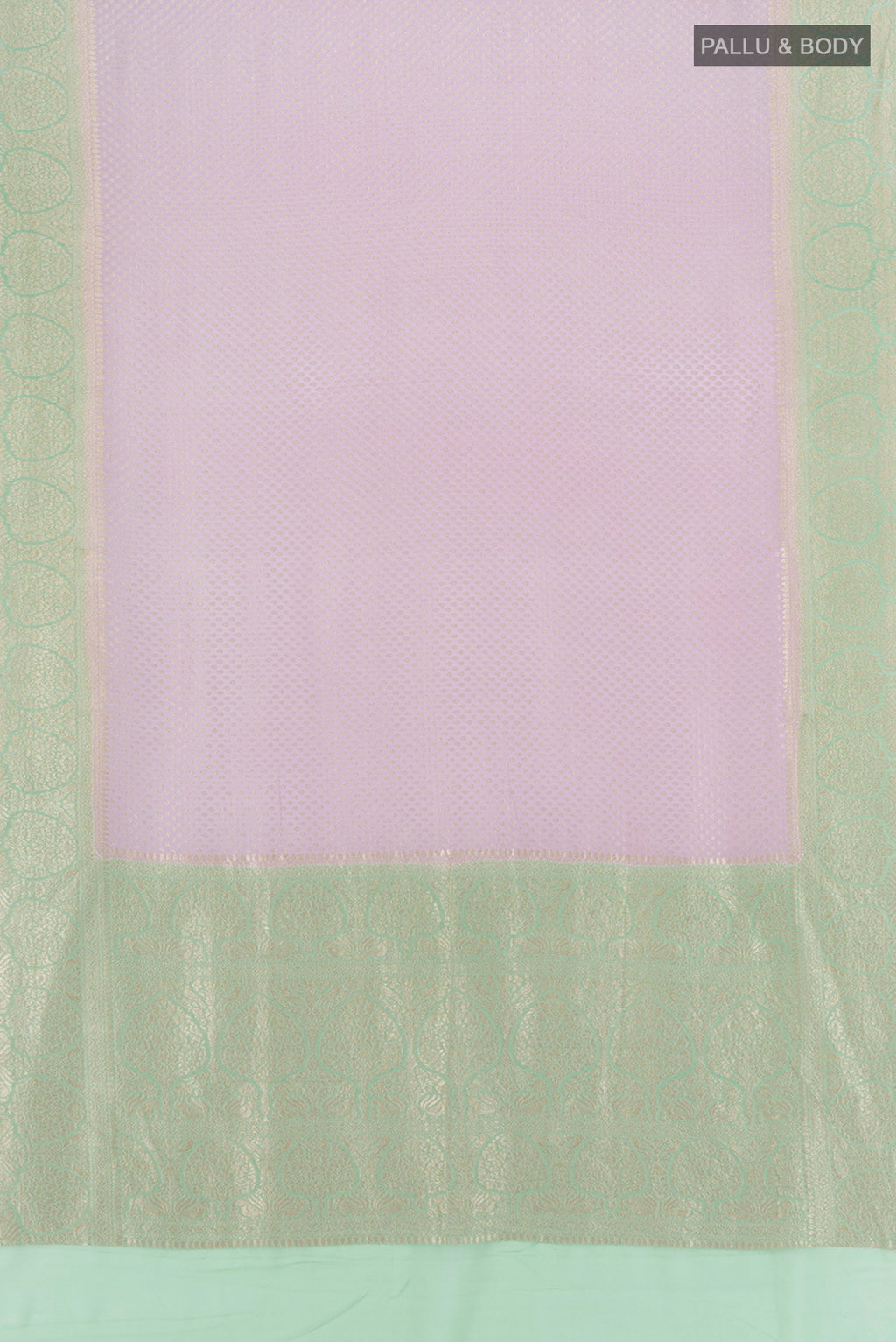 Flat view of Lavender Banarasi Georgette Saree with Zari Butta on the body and Zari Border. 