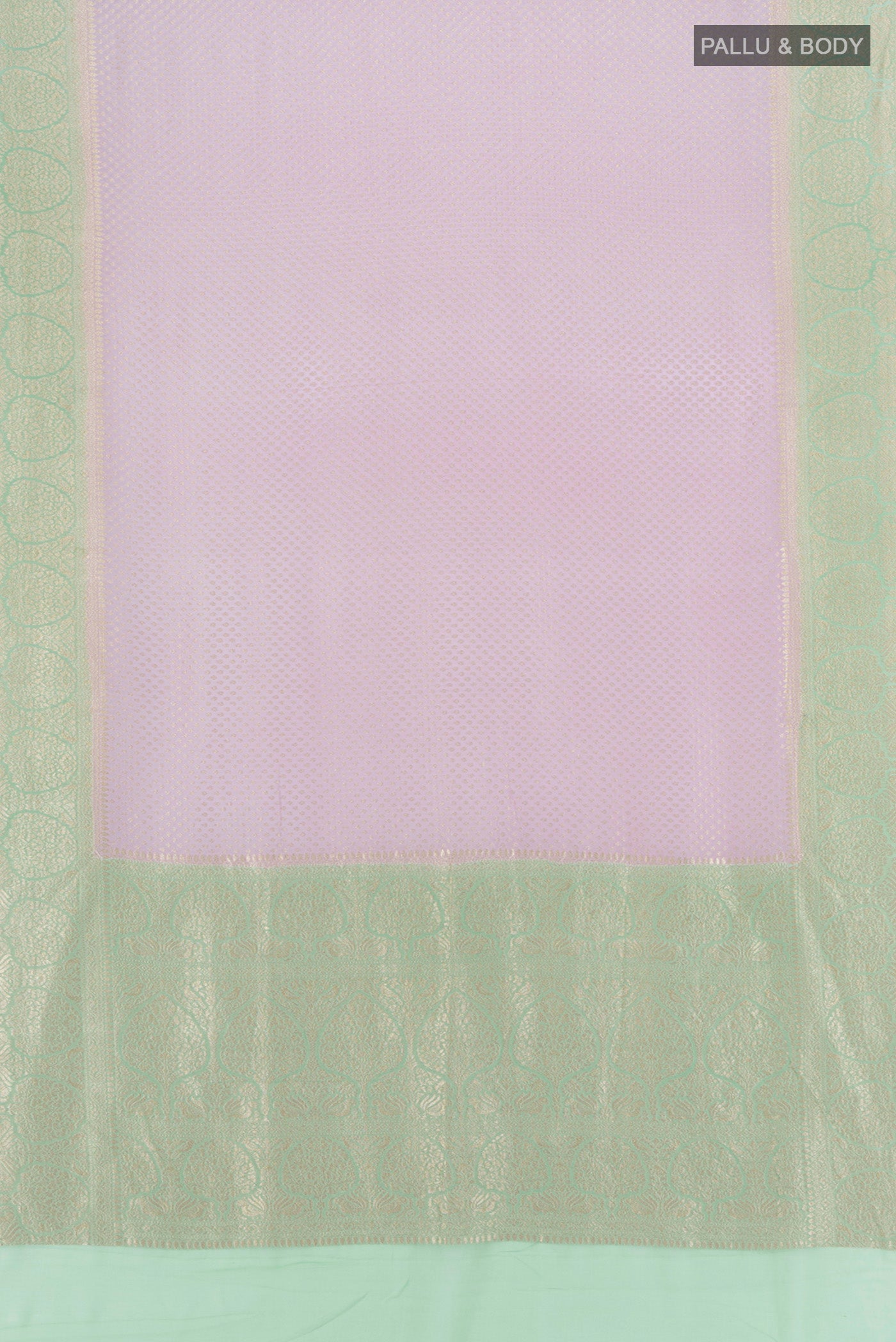 Flat view of Lavender Banarasi Georgette Saree with Zari Butta on the body and Zari Border. 