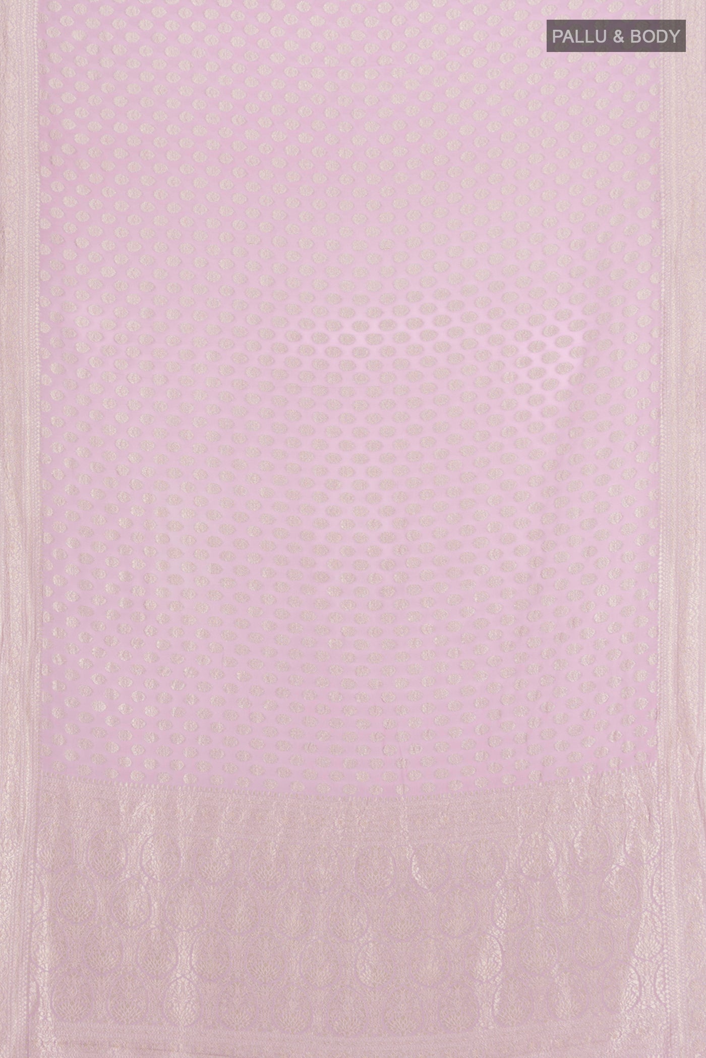 Flat view of Lavender Banarasi Georgette Saree with Zari Butta on the body and Zari Border. 