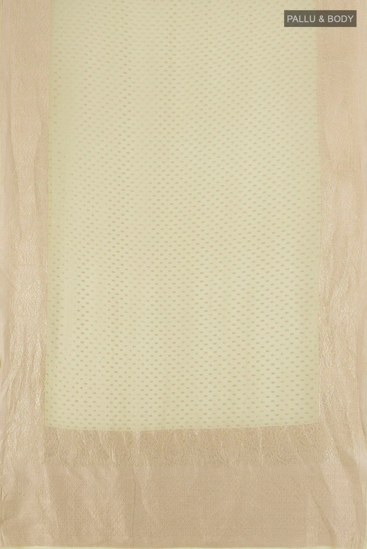 Flat view of Pista Green Banarasi Georgette Saree with Zari Butta on the body and Zari Border. 