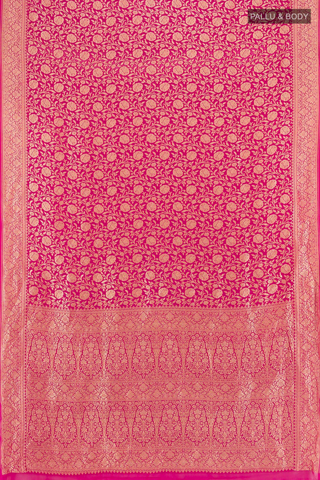 Flat view of Pink Banarasi Georgette Saree with Zari Brocade on the body and Zari Border. 