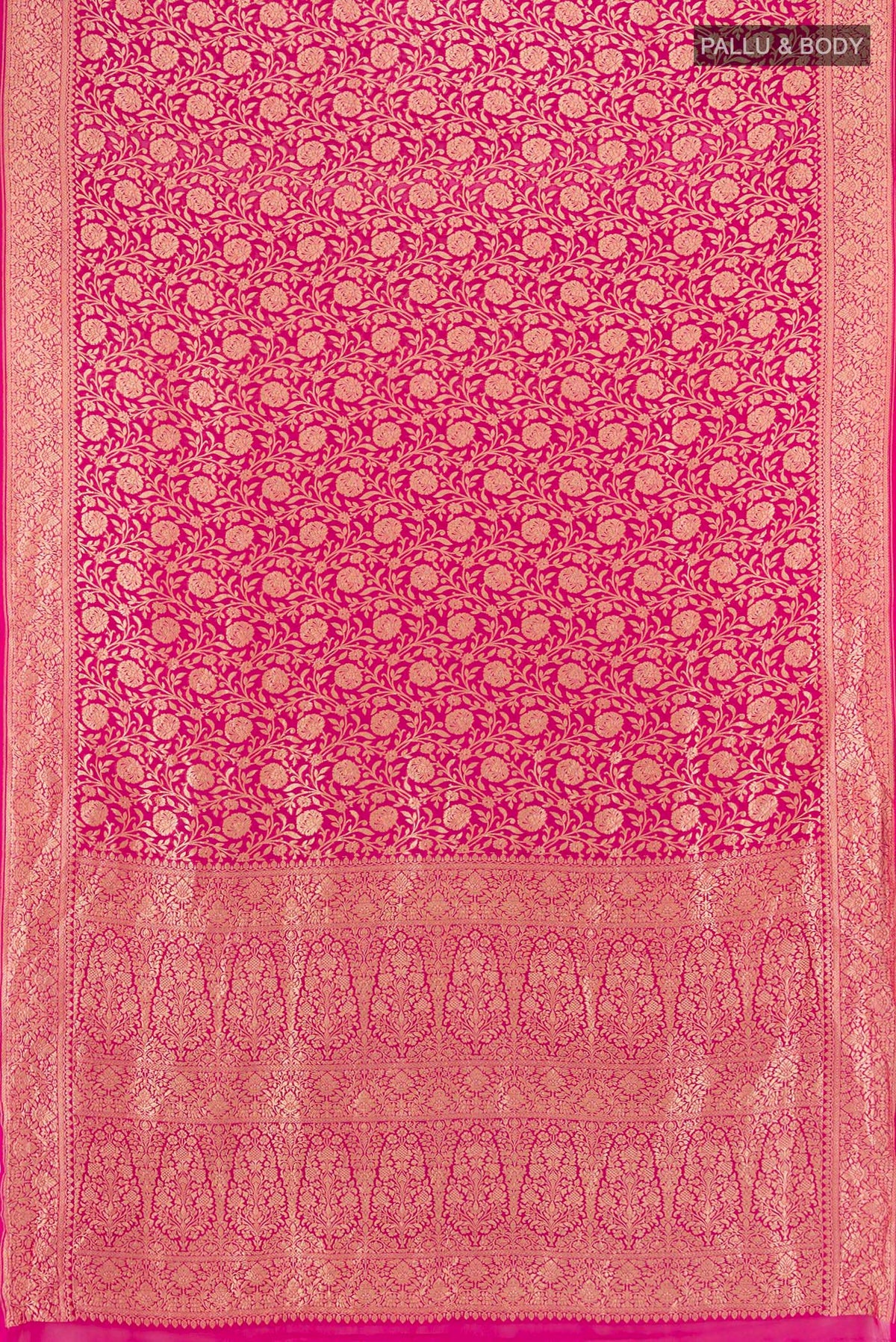 Flat view of Pink Banarasi Georgette Saree with Zari Brocade on the body and Zari Border. 