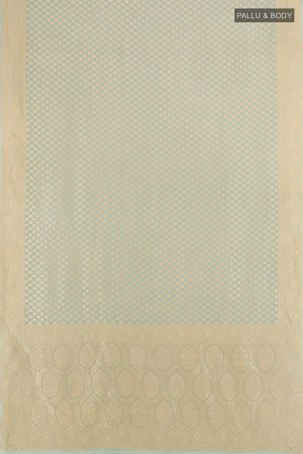 Flat view of Pista Green Banarasi Georgette Saree with Zari Butta on the body and Zari Border. 
