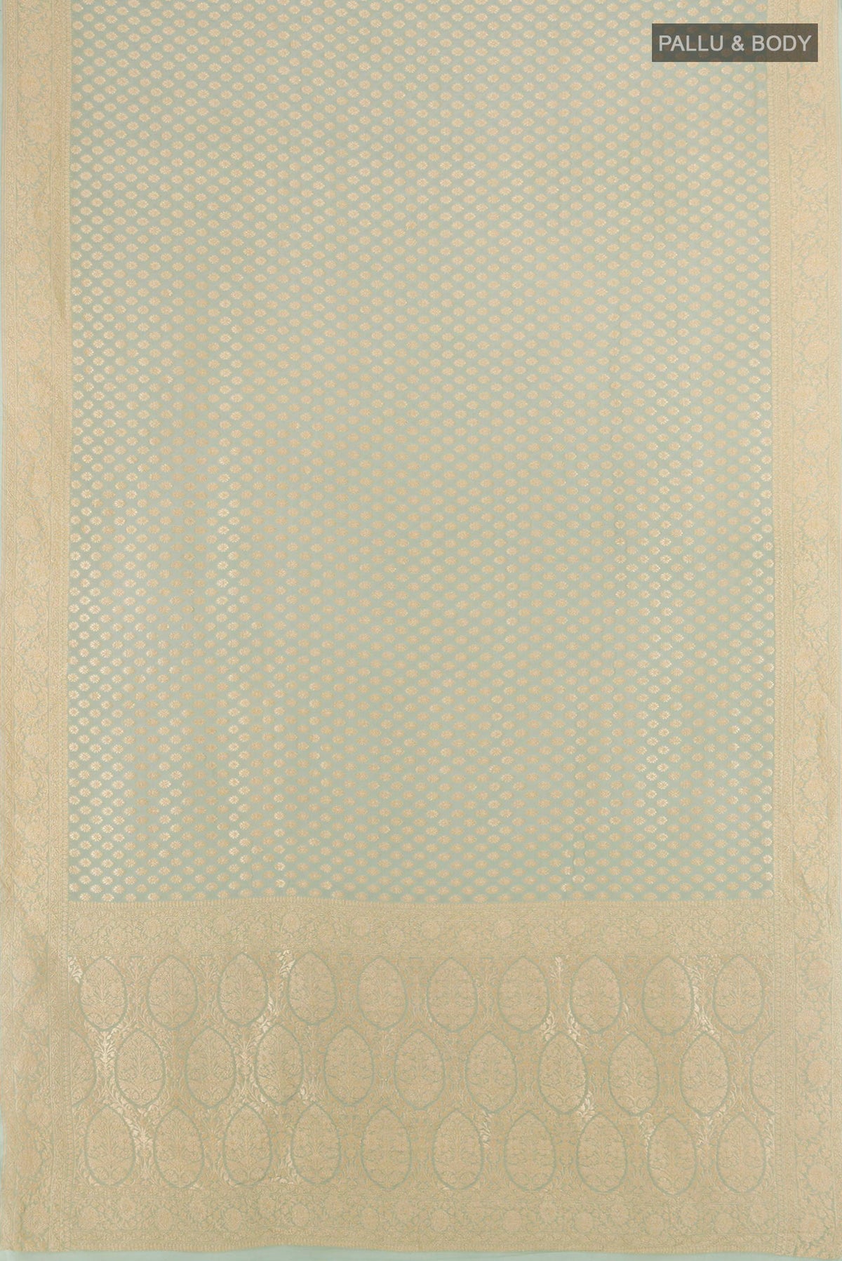 Flat view of Pista Green Banarasi Georgette Saree with Zari Butta on the body and Zari Border. 