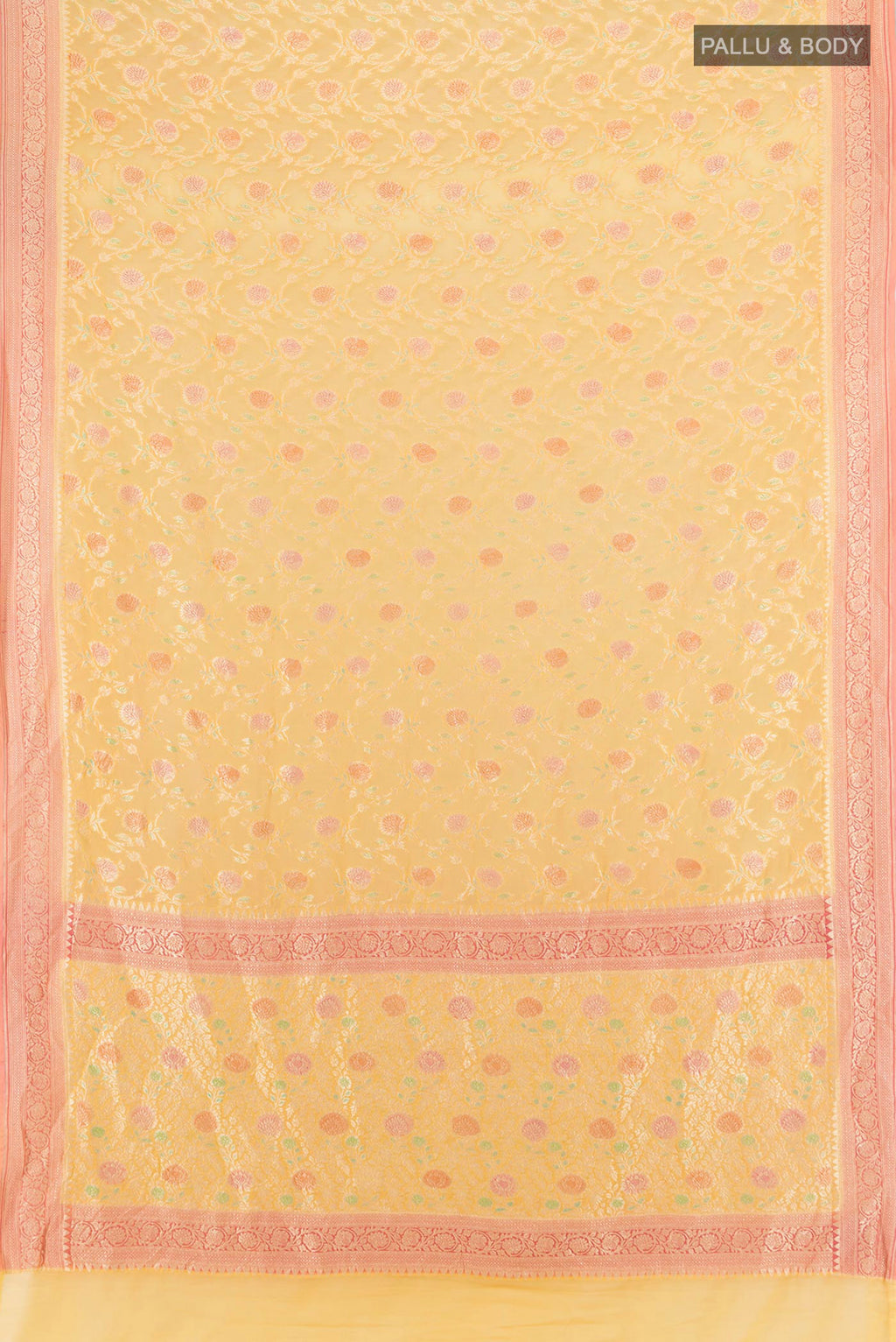Flat view of Yellow Banarasi Georgette Saree with Zari Brocade on the body and Zari Border. 