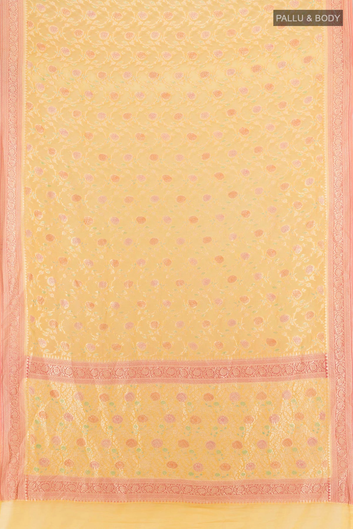 Flat view of Yellow Banarasi Georgette Saree with Zari Brocade on the body and Zari Border. 
