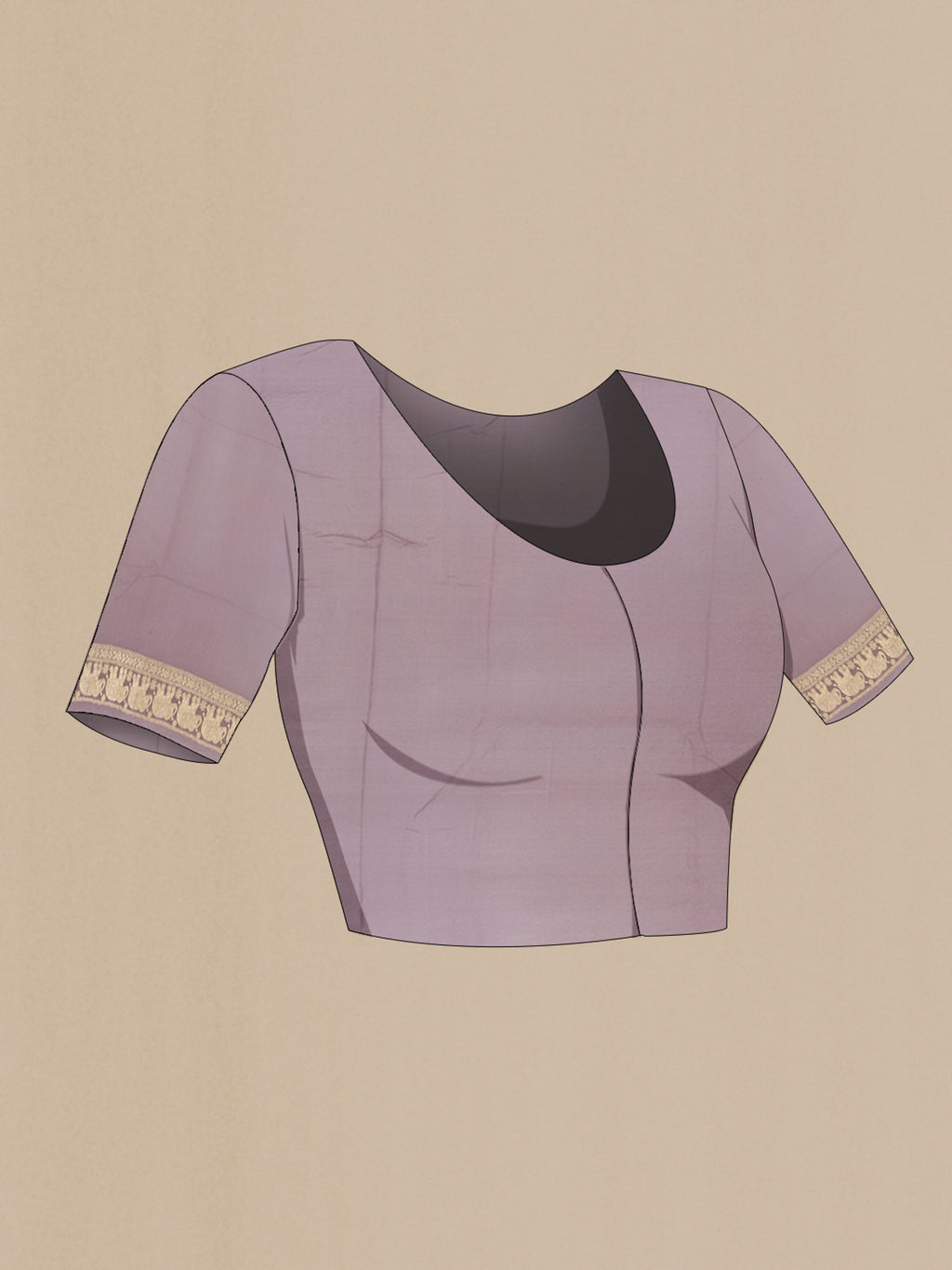 Close up image of the blouse of Lavender Banarasi Georgette Saree with Zari Brocade on the body and Zari Border. 