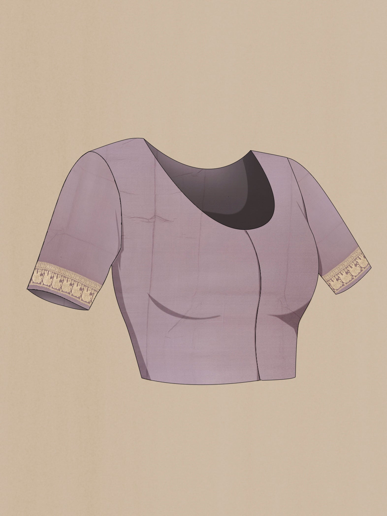Close up image of the blouse of Lavender Banarasi Georgette Saree with Zari Brocade on the body and Zari Border. 