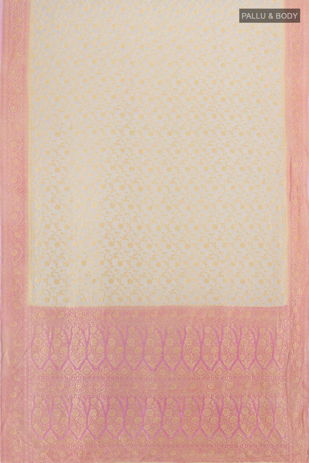 Flat view of Cream Banarasi Georgette Saree with Zari Brocade on the body and Zari Border. 