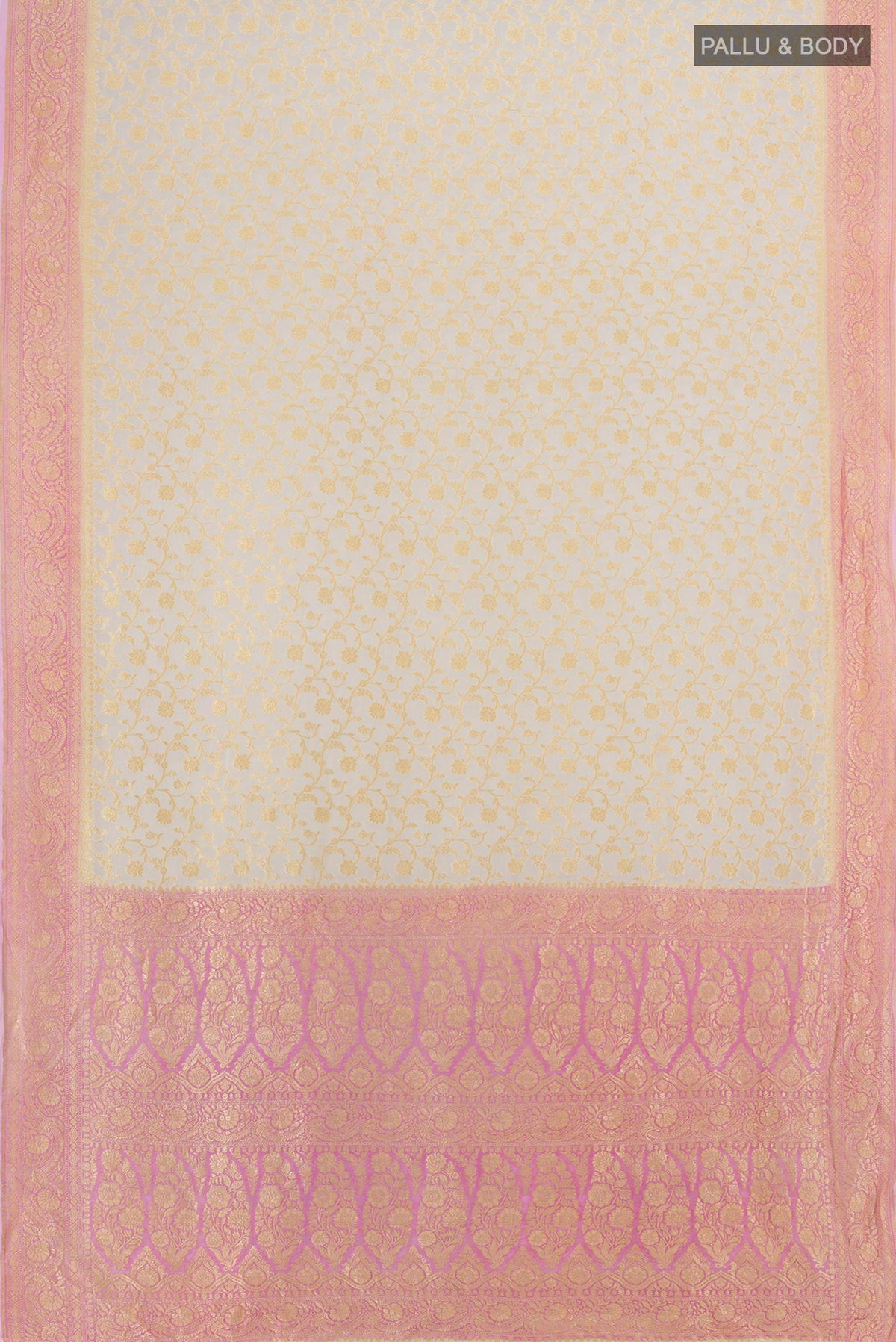 Flat view of Cream Banarasi Georgette Saree with Zari Brocade on the body and Zari Border. 