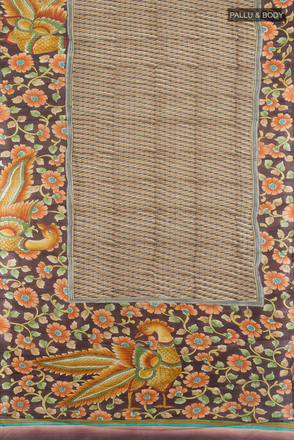Flat view of Beige Tussar Silk Saree with Printed design on the body and Zari Border. 