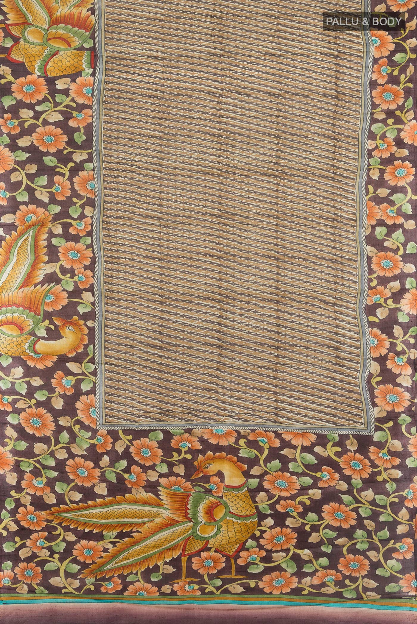 Flat view of Beige Tussar Silk Saree with Printed design on the body and Zari Border. 
