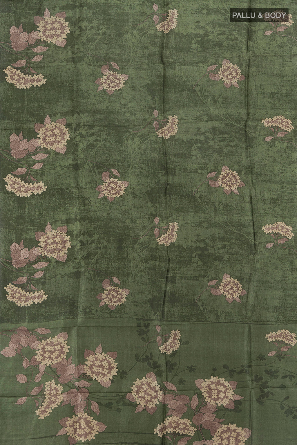 Flat view of Mint Green Tussar Silk Saree with Floral Print on the body and Silk Border. 