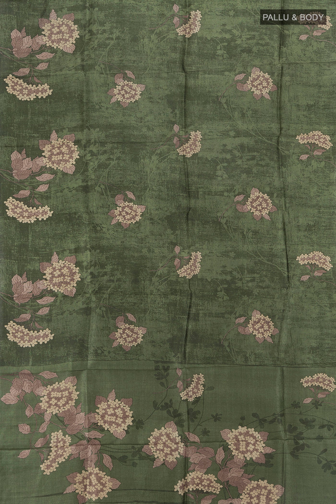 Flat view of Mint Green Tussar Silk Saree with Floral Print on the body and Silk Border. 