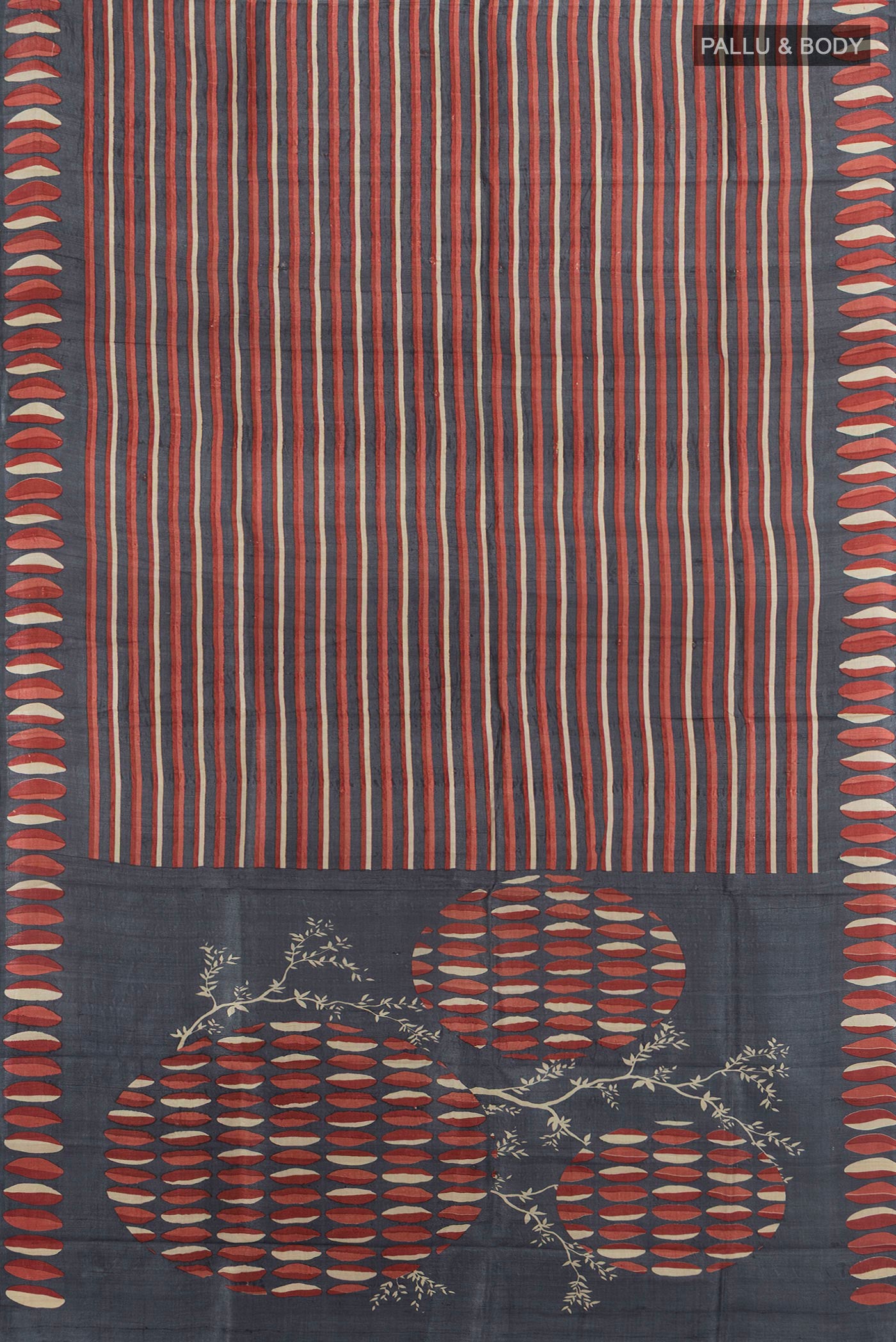 Flat view of Multi Color Tussar Silk Saree with Printed design on the body and Printed Border. 