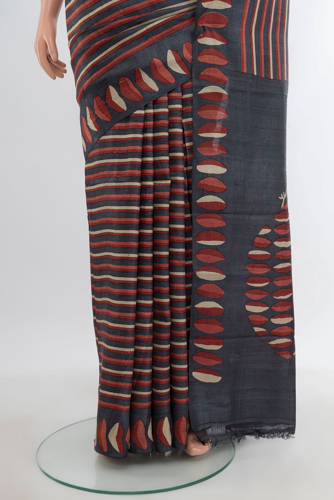 Pleats and pallu of Multi Color Tussar Silk Saree with Printed design on the body and Printed Border. 