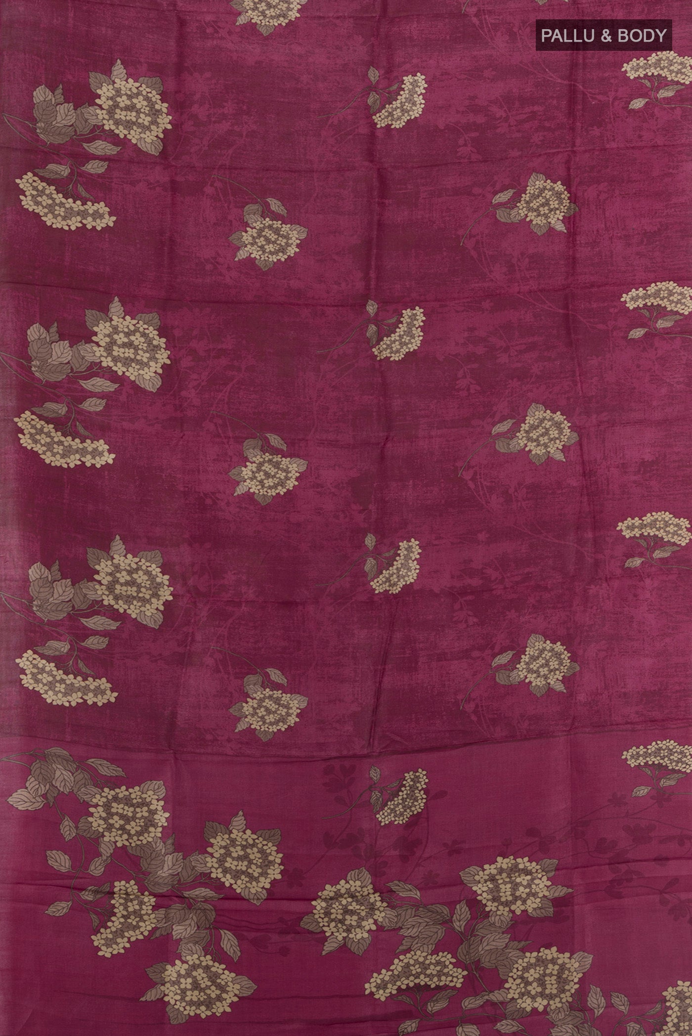 Flat view of Purple Tussar Silk Saree with Floral Print on the body and Without Border. 