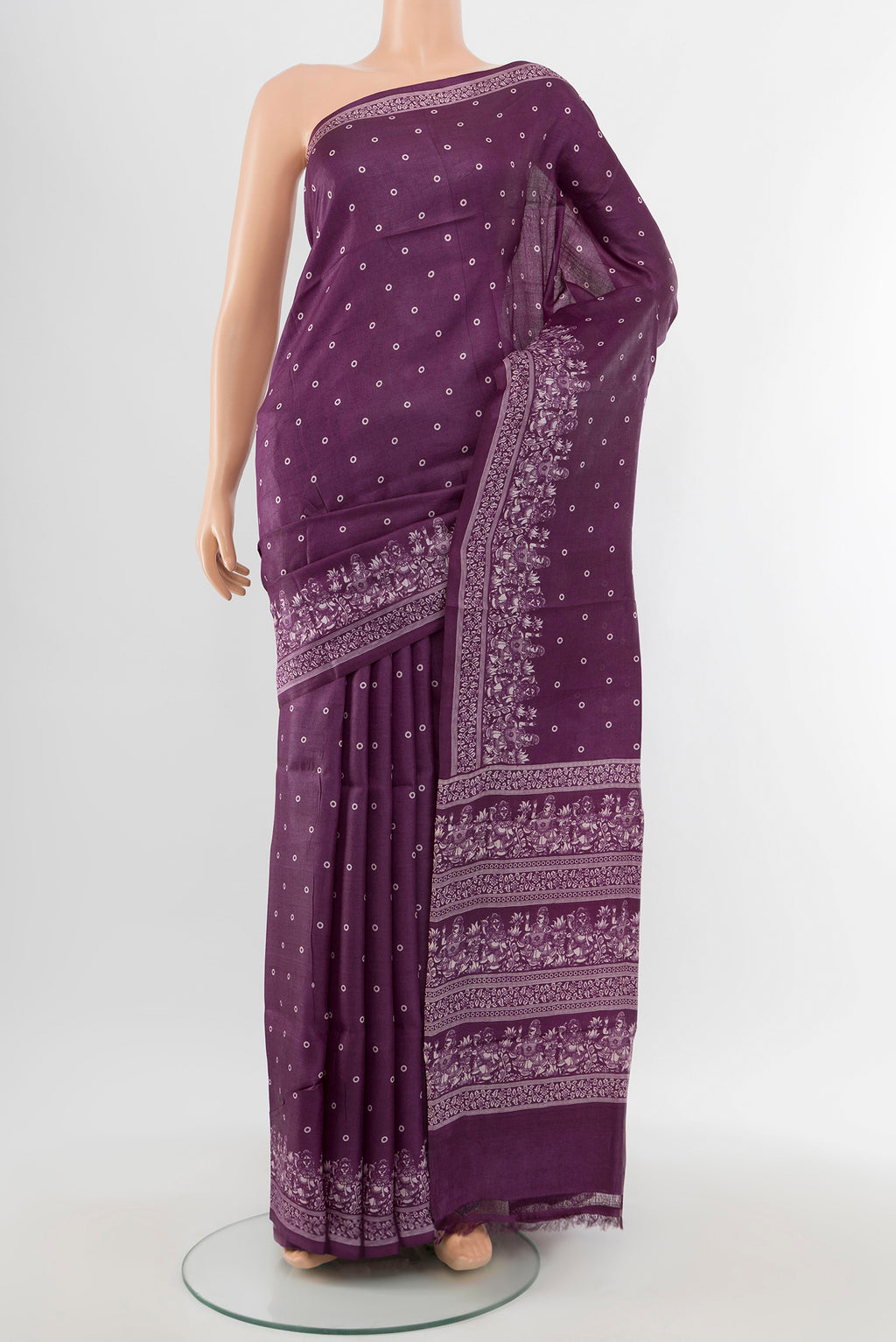 Violet Tussar Silk Saree with Floral Print on the body and Silk Border.  displayed on a mannequin