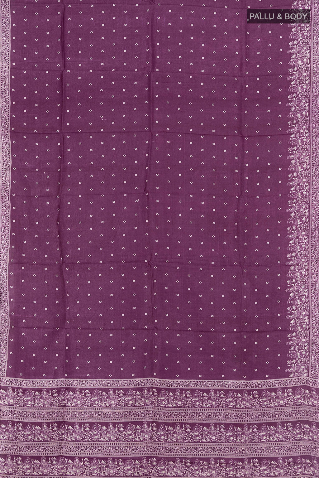 Flat view of Violet Tussar Silk Saree with Floral Print on the body and Silk Border. 