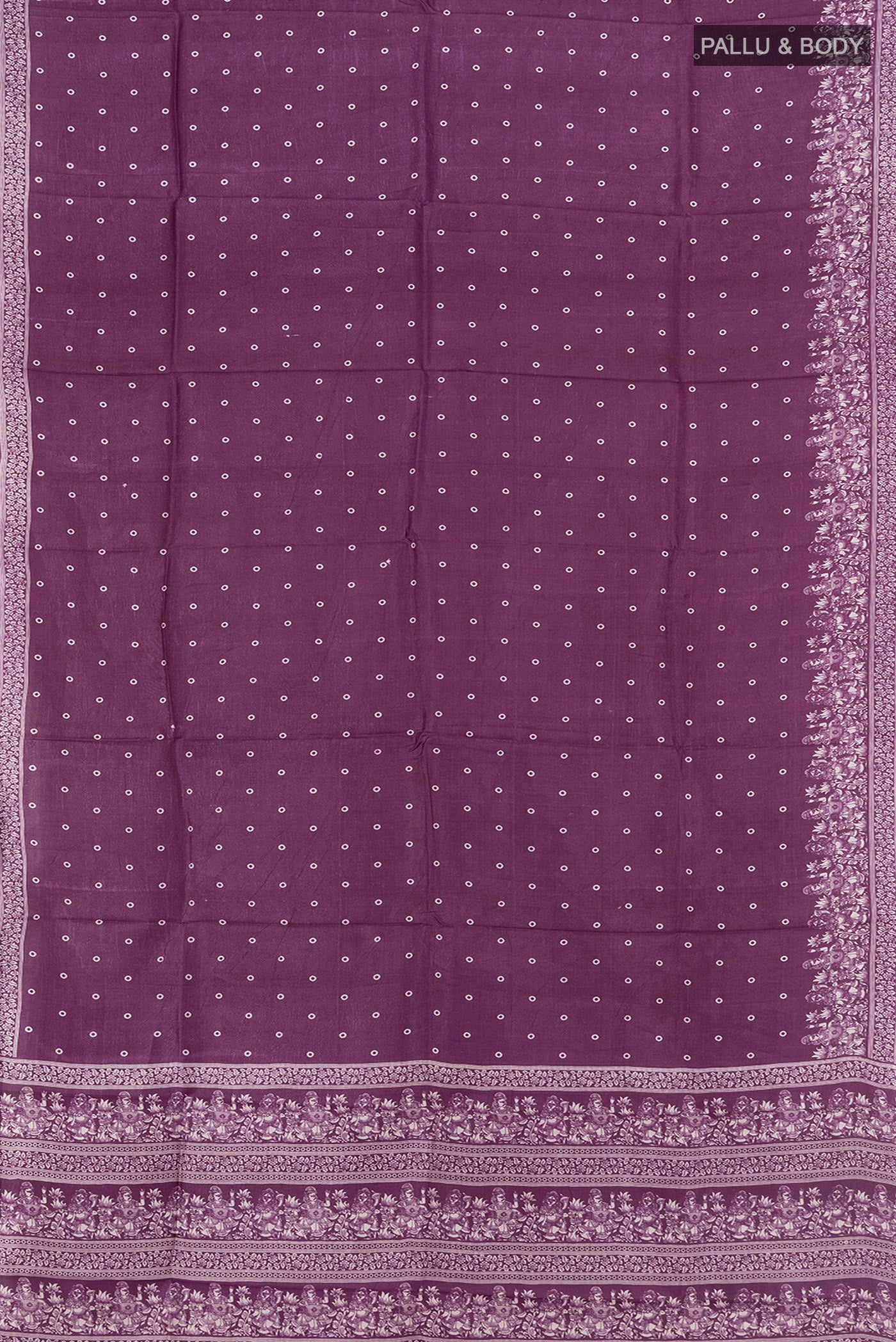 Flat view of Violet Tussar Silk Saree with Floral Print on the body and Silk Border. 