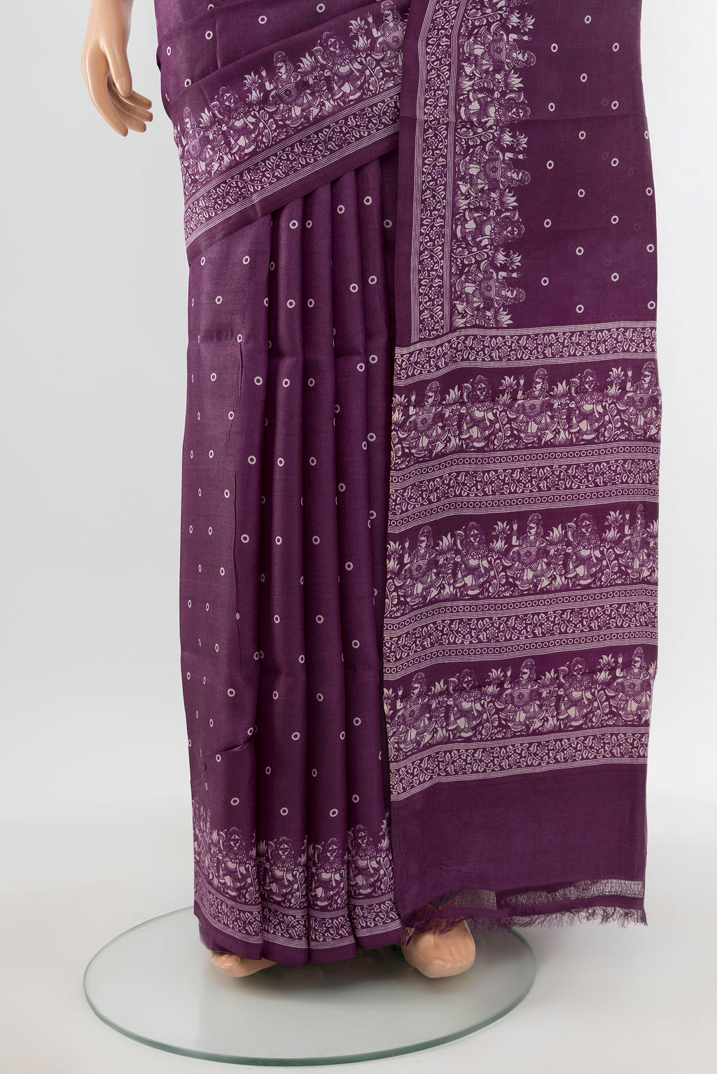 Pleats and pallu of Violet Tussar Silk Saree with Floral Print on the body and Silk Border. 