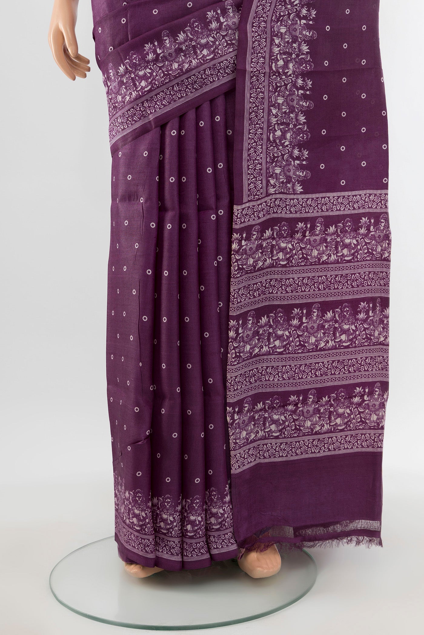 Pleats and pallu of Violet Tussar Silk Saree with Floral Print on the body and Silk Border. 