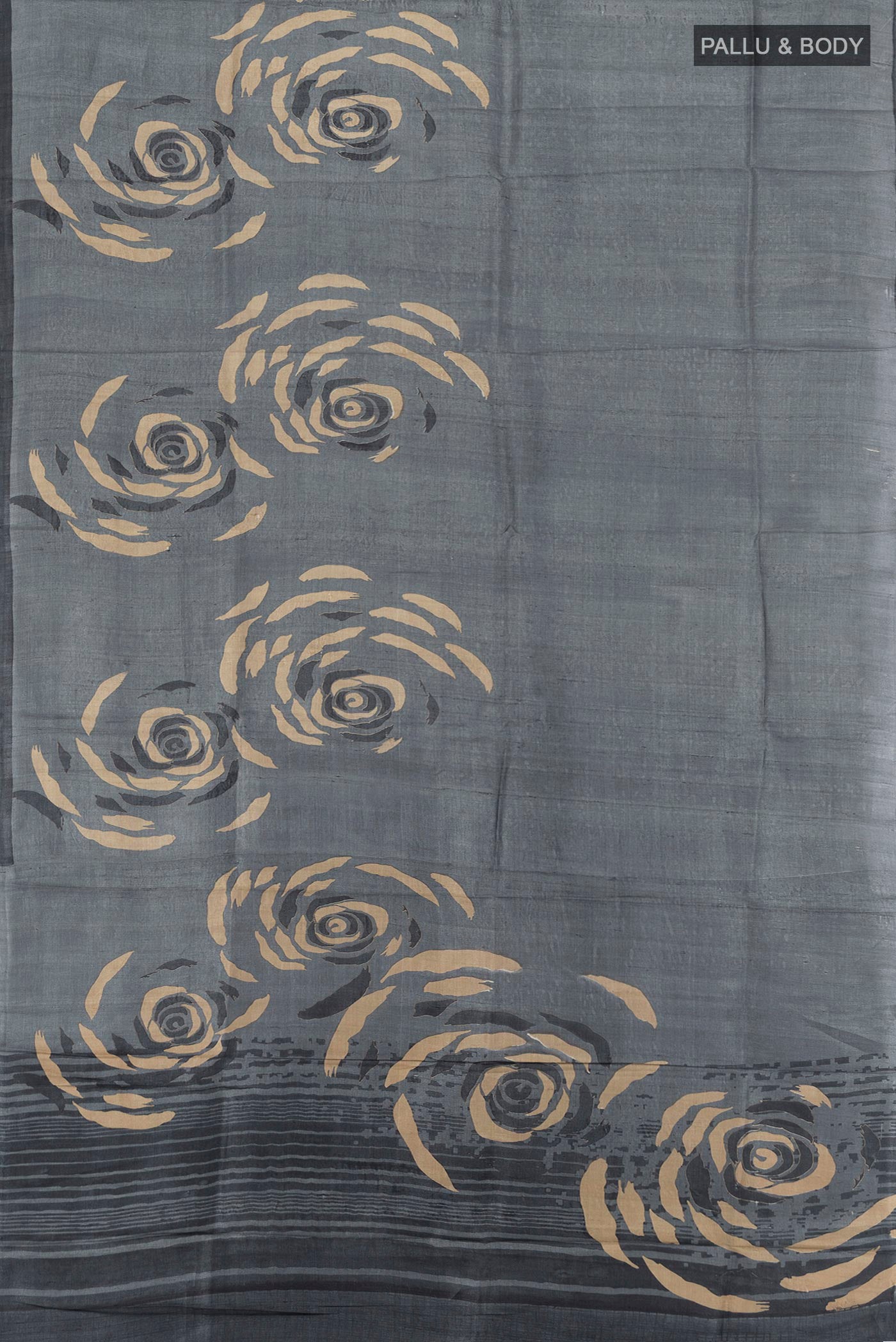Flat view of Davys Grey Tussar Silk Saree with Plain Body and Without Border. 