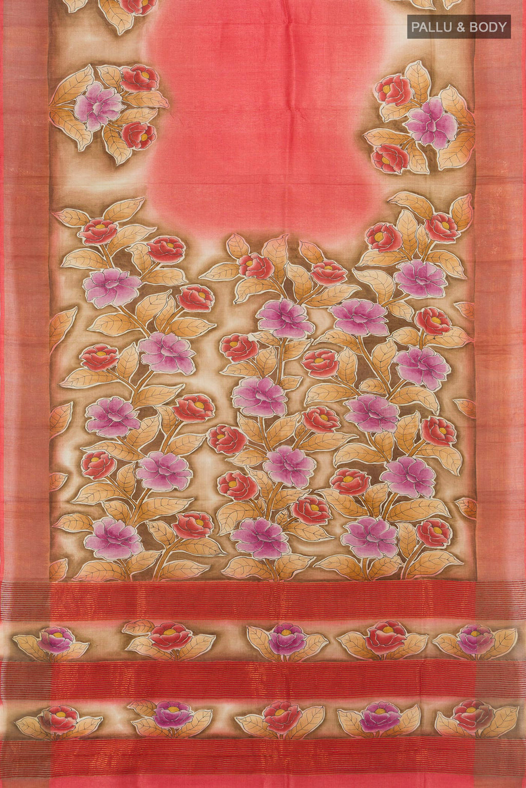 Flat view of Multi Color Tussar Silk Saree with Floral Print on the body and Silk Border. 
