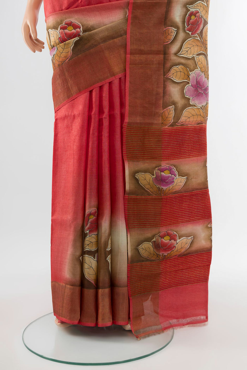 Pleats and pallu of Multi Color Tussar Silk Saree with Floral Print on the body and Silk Border. 