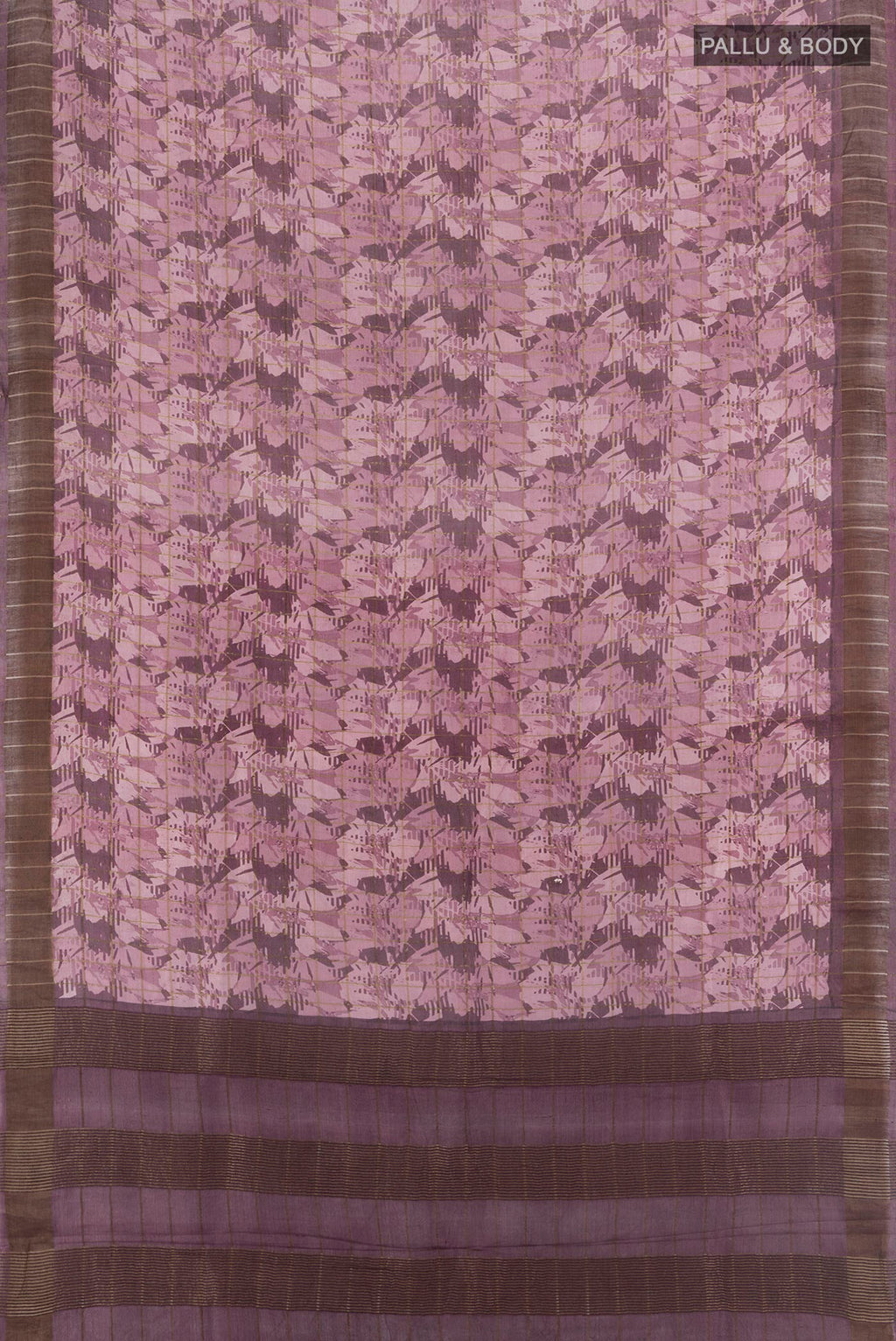Flat view of Mauve Tussar Silk Saree with Floral Print on the body and Zari Border. 