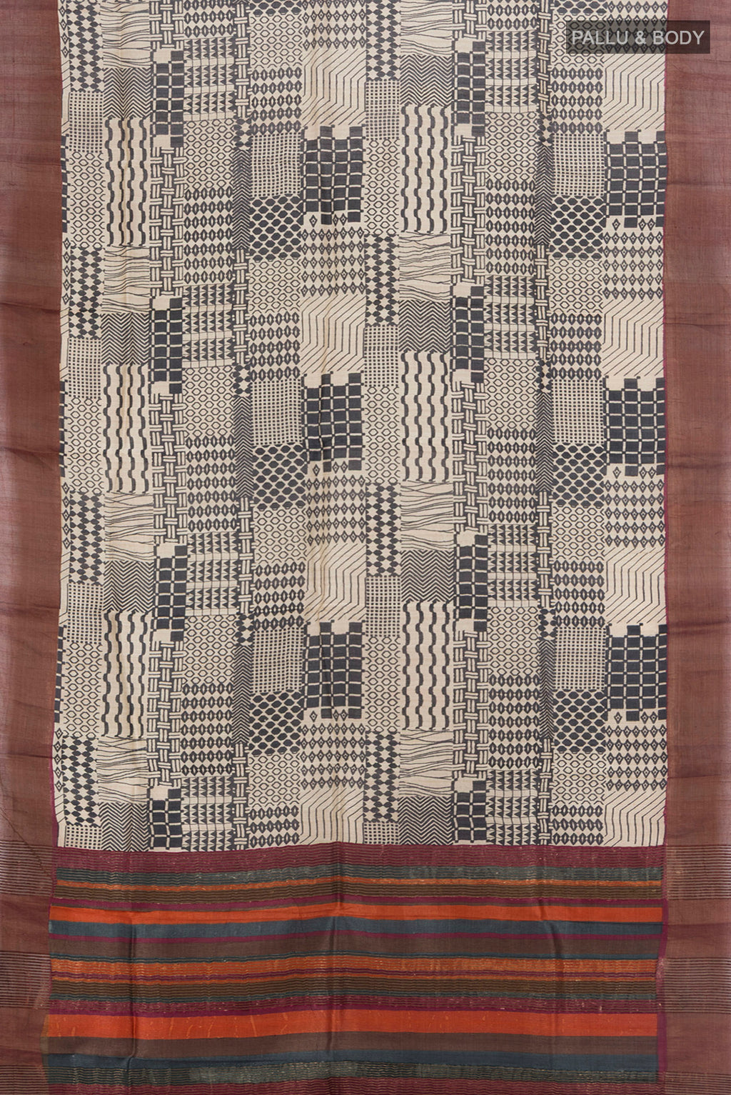 Flat view of Multi Color Tussar Silk Saree with Floral Print on the body and Silk Border. 