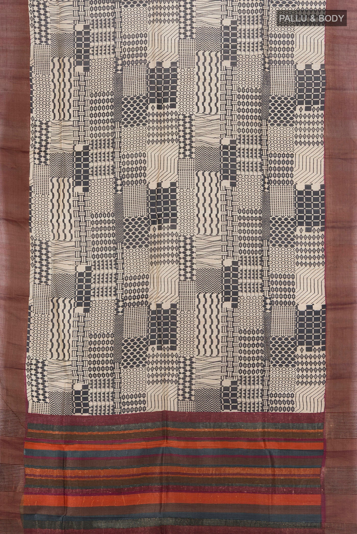 Flat view of Multi Color Tussar Silk Saree with Floral Print on the body and Silk Border. 