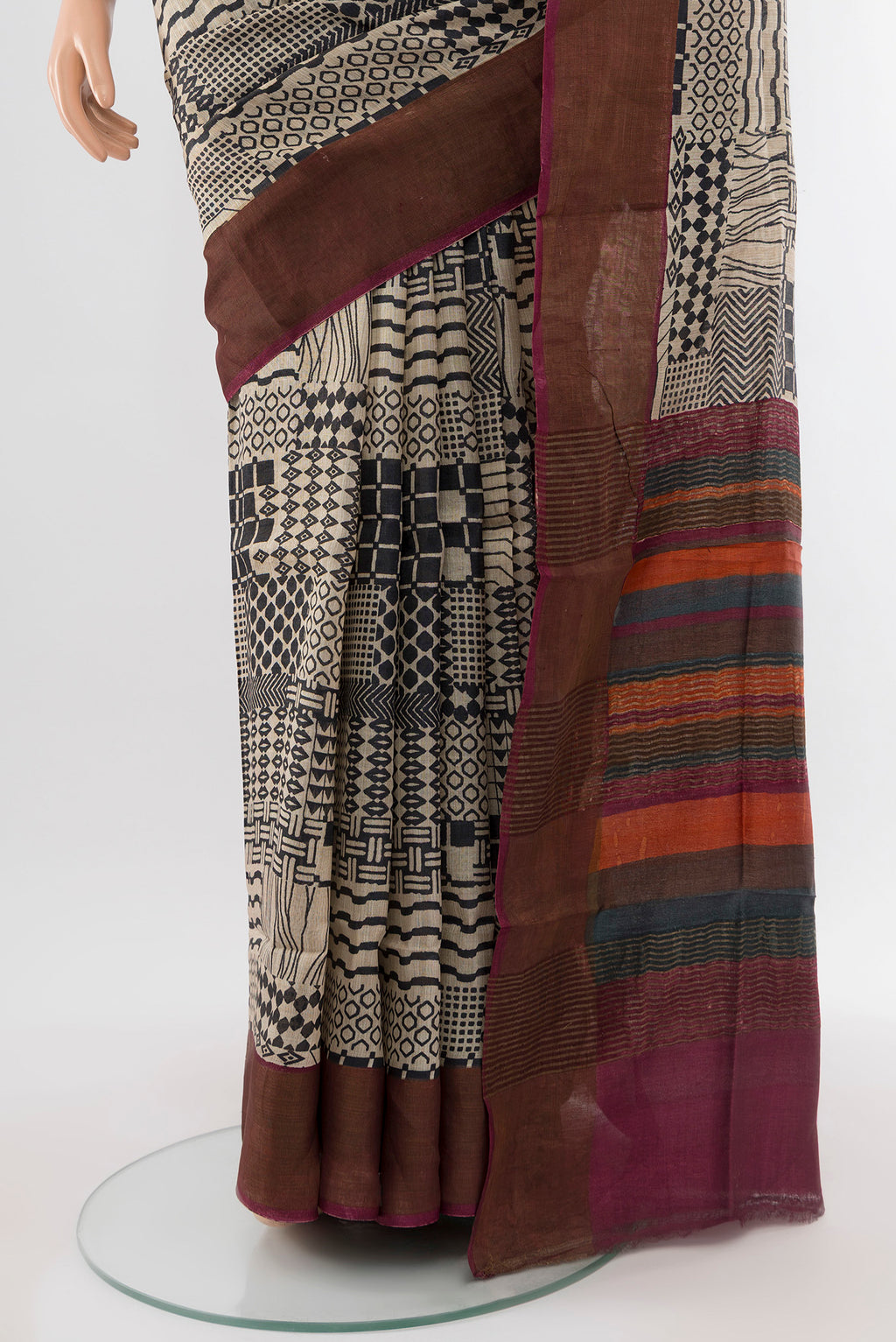 Pleats and pallu of Multi Color Tussar Silk Saree with Floral Print on the body and Silk Border. 