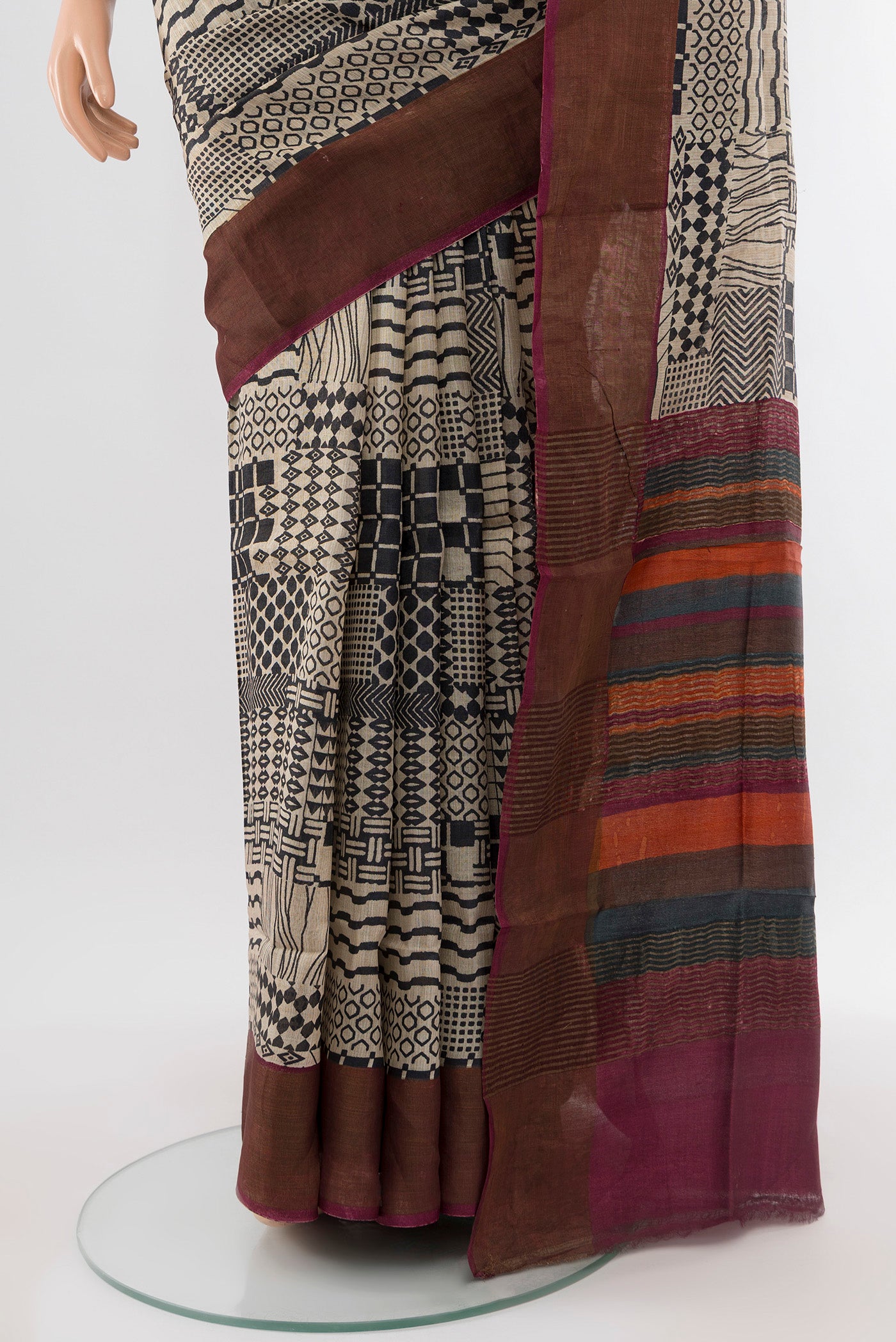 Pleats and pallu of Multi Color Tussar Silk Saree with Floral Print on the body and Silk Border. 