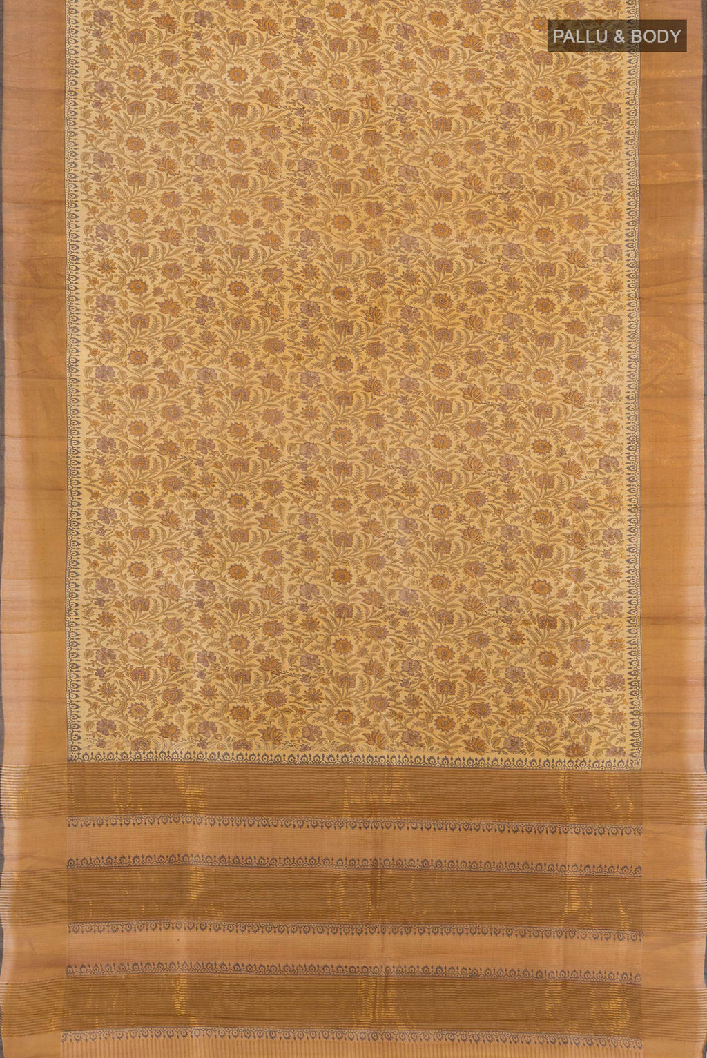 Flat view of Beige Tussar Silk Saree with Floral Print on the body and Zari Border. 