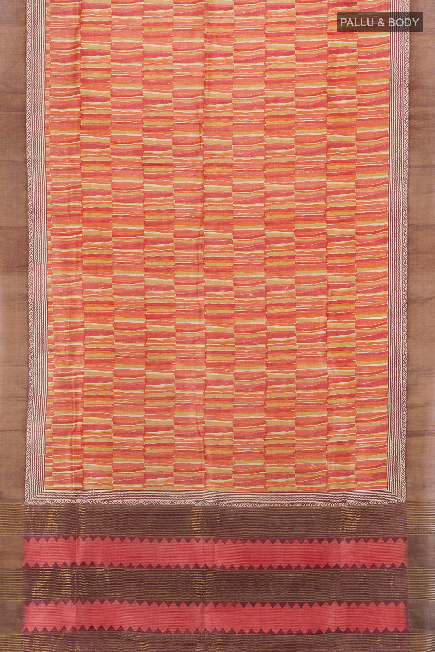 Flat view of Multi Color Tussar Silk Saree with Printed design on the body and Zari Border. 