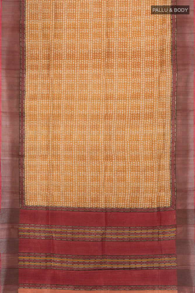 Flat view of Multi Color Tussar Silk Saree with Fancy on the body and Silk Border. 