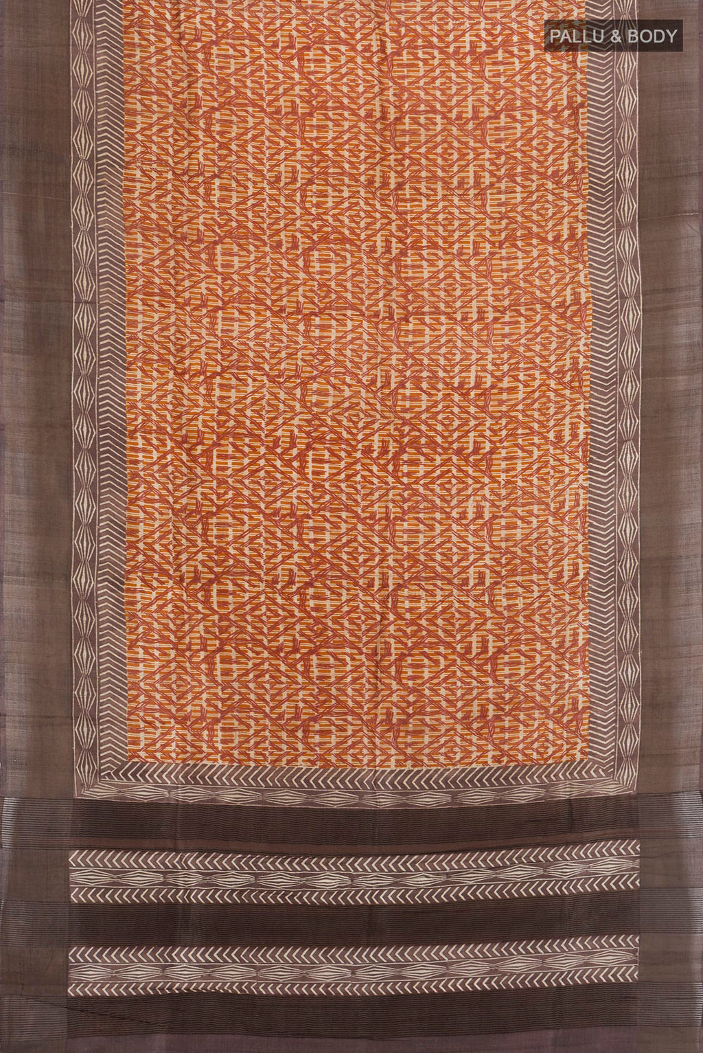 Flat view of Mustard Tussar Silk Saree with Floral Print on the body and Printed Border. 