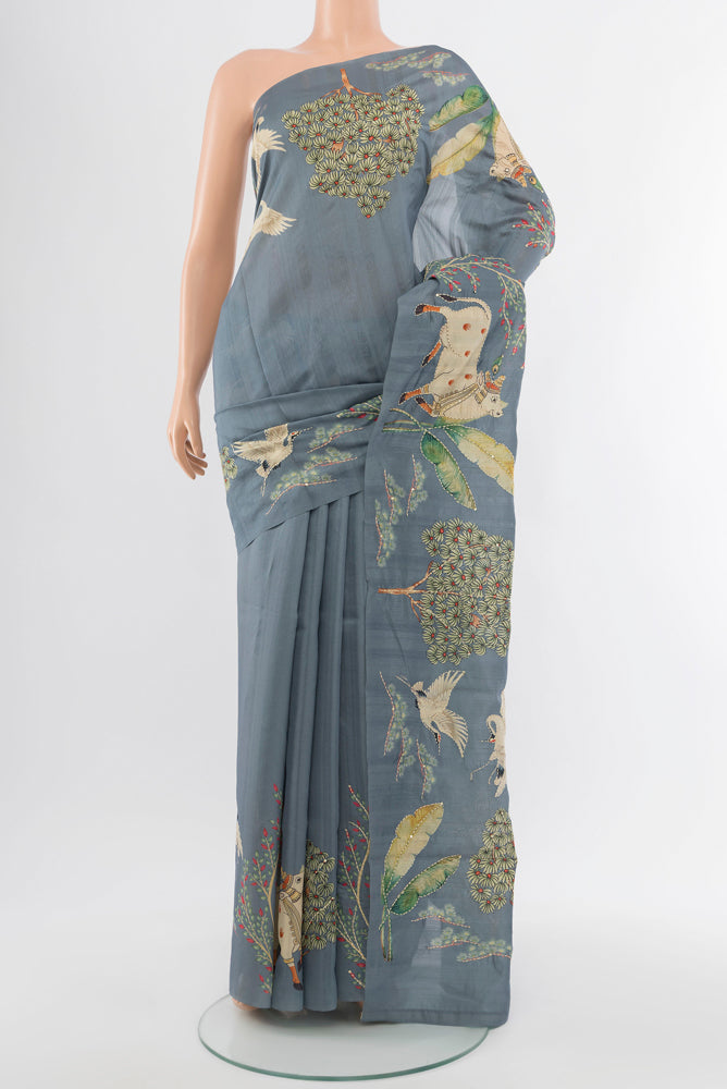 Davys Grey Art Silk Saree with Embroidery on the body and Silk Border.  displayed on a mannequin