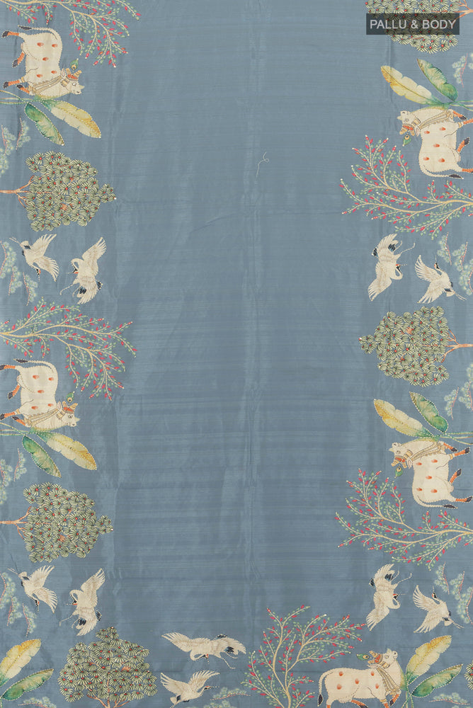 Flat view of Davys Grey Art Silk Saree with Embroidery on the body and Silk Border. 