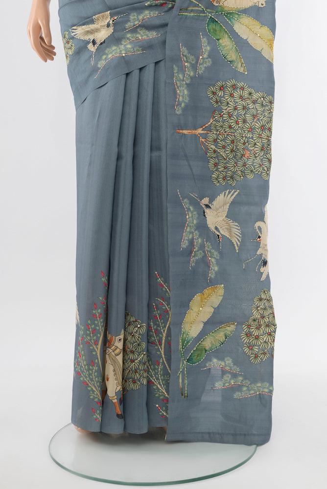 Pleats and pallu of Davys Grey Art Silk Saree with Embroidery on the body and Silk Border. 