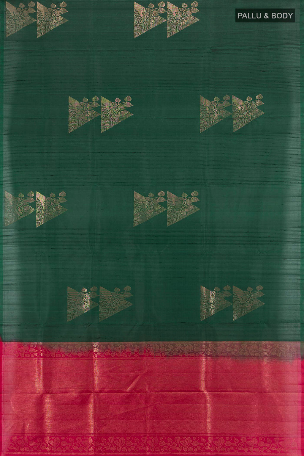 Flat view of Bottle Green Soft Silk Saree with Zari Butta on the body and Without Border. 
