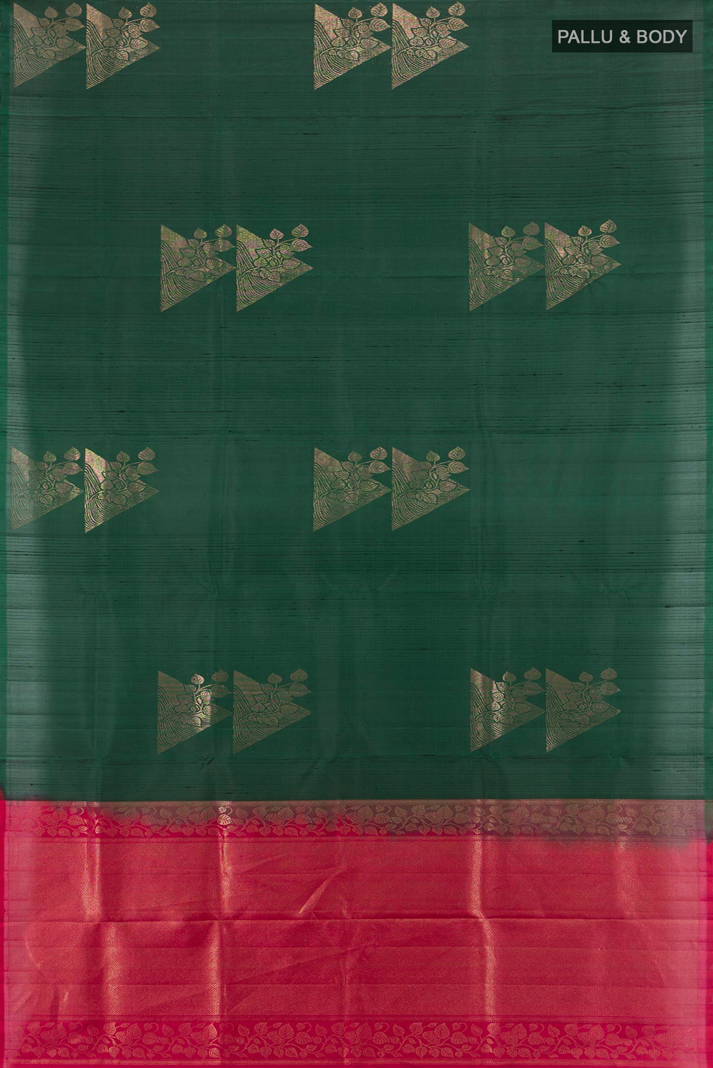 Flat view of Bottle Green Soft Silk Saree with Zari Butta on the body and Without Border. 