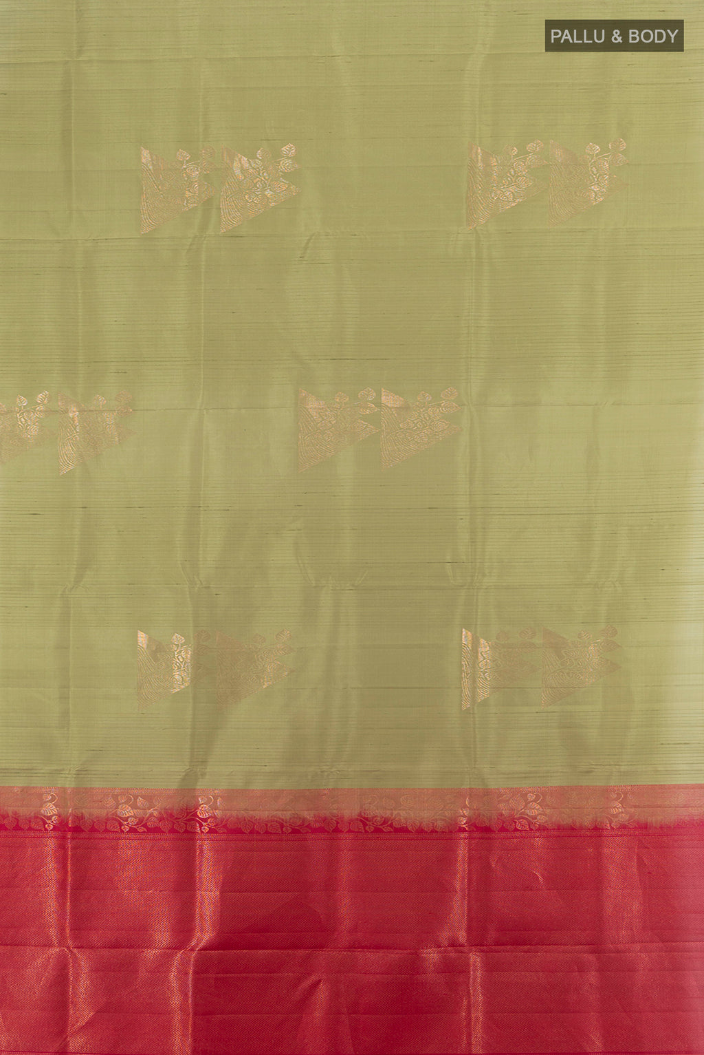 Flat view of Sage Green Soft Silk Saree with Zari Butta on the body and Without Border. 