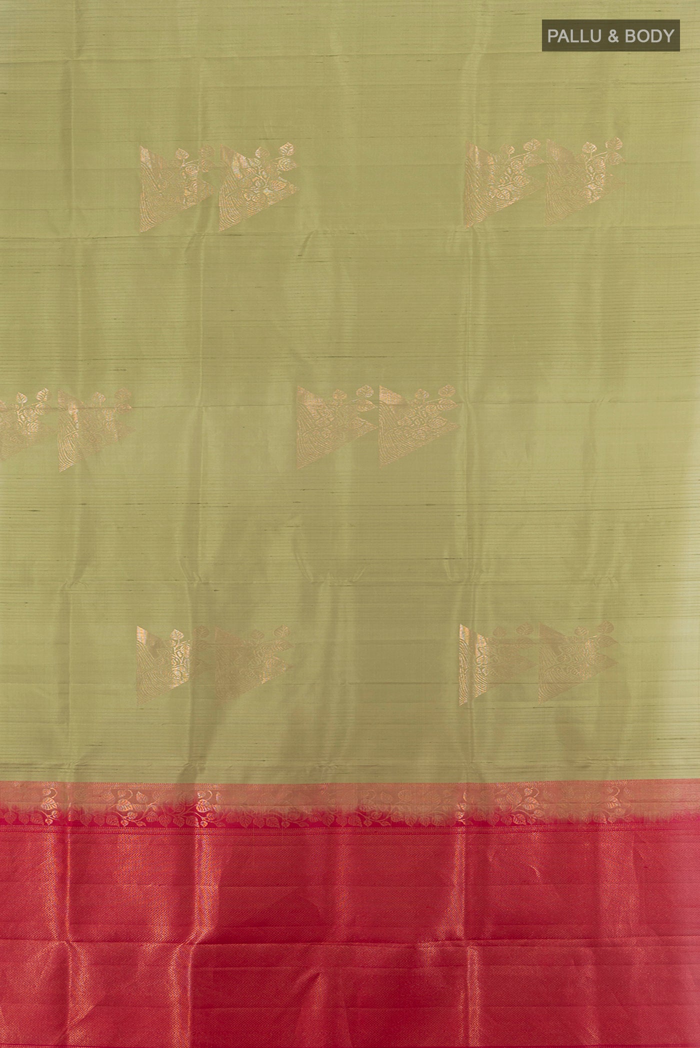 Flat view of Sage Green Soft Silk Saree with Zari Butta on the body and Without Border. 